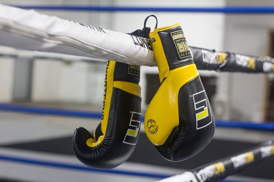 Boxing gloves hanging on the ropes of a ring